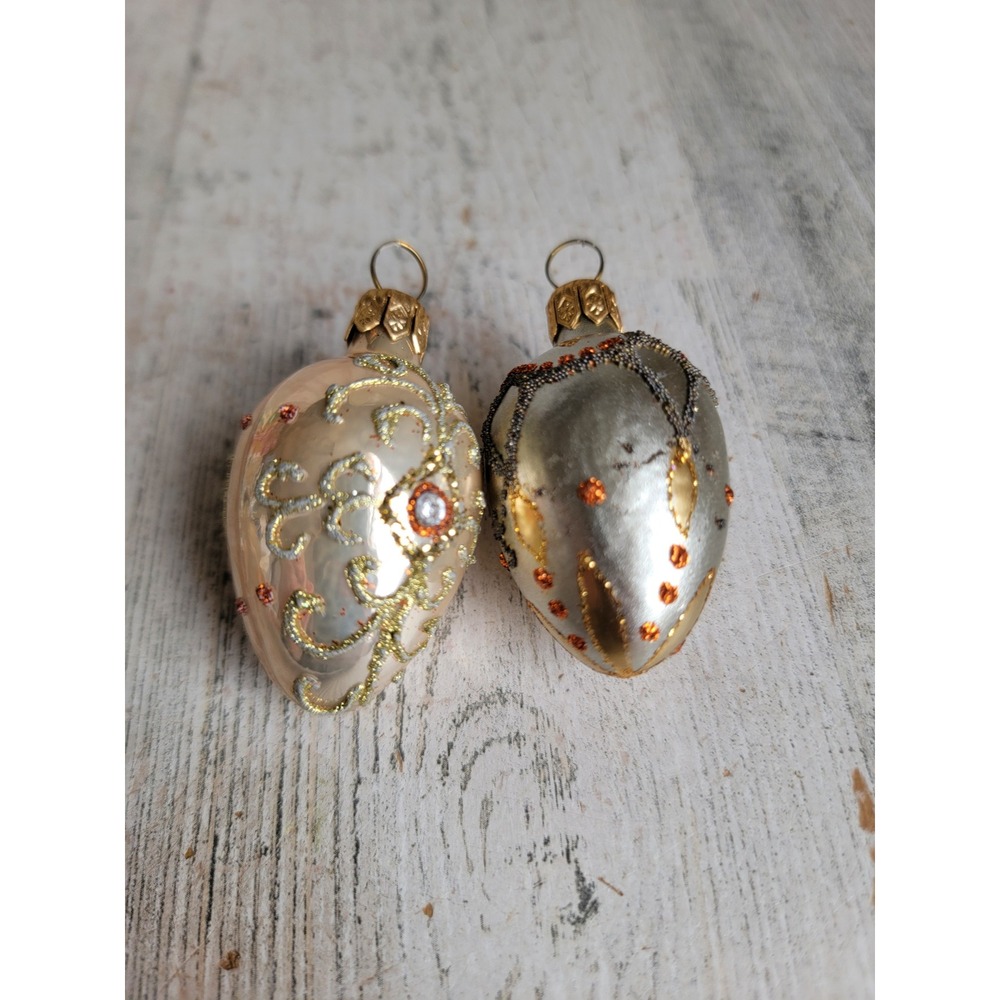 Vintage mini golden egg bedazzled glitter glass ornament Xmas Easter set